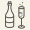 Champagne and glass line icon. New Year celebration outline style pictogram on white background. Sparkling wine and