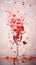 Champagne glass overflowing with red valentines heart confetti. Happy Valentines Day greeting card