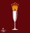 Champagne glass with royal crown, decorative goblet full with sp