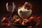 Champagne glass, strawberries and cream on golden tray as romantic dessert to celebrate Valentine's Day. Generative