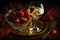 Champagne glass, strawberries and cream on golden tray as romantic dessert to celebrate Valentine's Day. Generative