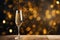 Champagne glass template mockup, alcoholic beverage on the wood table on a holiday background.