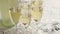 Champagne glasses and bottle placed on white marble background