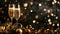 Champagne glasses and Christmas decorations set against a black sparkling holiday background with lights, Ai Generated