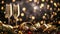 Champagne glasses and Christmas decorations set against a black sparkling holiday background with lights, Ai Generated