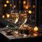 Champagne, glasses filled with alcohol. Festive setting with bokeh lights.