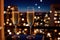 Champagne glasses flutes on balcony overlooking city, festive special occasion