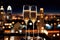 Champagne glasses flutes on balcony overlooking city, festive special occasion