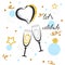 Champagne glasses with sparkling hearts, stars and dots. Celebration background