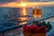 Champagne glasses on the table in Luxury cruise ship. travel concept. Generative AI