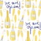 Champagne icons business opening vector seamless pattern background. Blue text, fizzing bubbles, glasses,bottles white