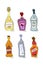 Champagne liquor martini beer vodka whiskey with smile on white background. Cartoon sketch graphic design. Doodle style with black