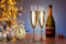 Champagne And New Year Decoration With Vintage Clock And Holiday Lights