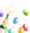 Champagne party. Celebration theme with splashing champagne balloons and stars.Happy Birthday.New Year.Party invitation.Birthday