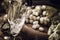 Champagne Pour In Glass, Grapes With Vine, Vintage Wood Background, Black And White, Selective Focus