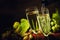 Champagne Pour In Glass, Grapes With Vine, Vintage Wood Background, Selective Focus