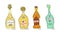 Champagne, tequila, beer and vermouth with smile on white background. Cartoon sketch graphic design. Doodle style with black