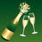 Champagne toast. Green and gold Happy New Year 2024 or Congratulations Greeting card. Vector illustration.