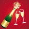 Champagne toast. Red and gold Happy New Year 2024 or Congratulations Greeting card. Vector illustration.