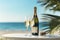 Champagne wine glasses and bottle on table top with a good view of blue sea at beach. Summer tropical vacation concept.