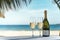 Champagne wine glasses and bottle on table top with a good view of blue sea at beach. Summer tropical vacation concept.