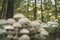Champignon mushrooms flourish in forest, contrasting shades mystical ambiance in a remote clearing