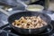 Champignon mushrooms frying and sizzling in pan