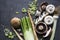 Champignons, leek, parsnip, garlic and fennel on grey background. Top view photo of fresh seasonal vegetables. Healthy menu ideas.