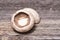 Champignons on a rustic wooden table.