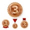 Champion Bronze Medals Set Vector. Metal Realistic 3rd Placement Winner Achievement. Number Three. Round Medal With Red