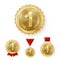 Champion Bronze Medals Set Vector. Metal Realistic 3rd Placement Winner Achievement. Number Three. Round Medal With Red
