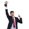 Champion businessman holding trophy and pointing finger up