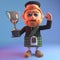 Champion cartoon 3d Scottish man in kilt with red beard holds the gold cup trophy prize up high, 3d illustration