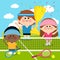 Champion children tennis players at the tennis court holding a trophy. Vector illustration