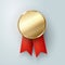 Champion gold medal. winner trophy, golden medal ,sport , first, best , red ribbon ,coin ,prize, vector .