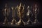 Champion golden and silver trophies placed on wooden table with dark background. AI Generation