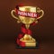 Champion golden trophy cup with red winner ribbon. Sports championship vector concept