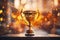 Champion golden winners trophy cup on a shining bokeh background