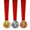 Champion Medals Set Vector. Metal Realistic First, Second Third Placement Achievement. Round Medals With Red Ribbon, Relief Detail