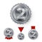 Champion Silver Medals Set Vector. Metal Realistic 2nd Placement Winner Achievement. Number Two. Round Medal With Red