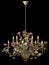 Chandelier classic bronze with curly lampshades flowers and gold leaves.