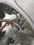 Change brake pads. Machanic change break pads on car