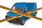 Change or cancellation freight transportation, quarantine. Delivery van with caution barrier tapes, 3D rendering