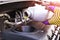 Change the Oil. Hand mechanic in repairing car. Close up oil for car engine. Motor oil pouring to car engine. Refuelling and pouri