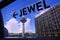 Changi Airport T3, along pedestrian linkway to Jewel , view of control tower against cloudy blue sky