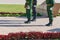 Changing of the guard of honor of the eternal flame on the day of victory in World War II. Three warriors are minting a