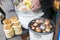 Changsha, China Feb 20,2014 : asian street food styles boiled eggs in a hot pot and stack fried pancakes