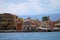 Chania, Crete, October 2018, Panoramic view of the waterfront of the city of Xania with the mosque