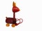 Channapatna colourful wooden dog toy on wheels. Grey and white background.
