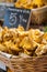 Chantarellus cibaris mushroom in a basket at market in Spain.